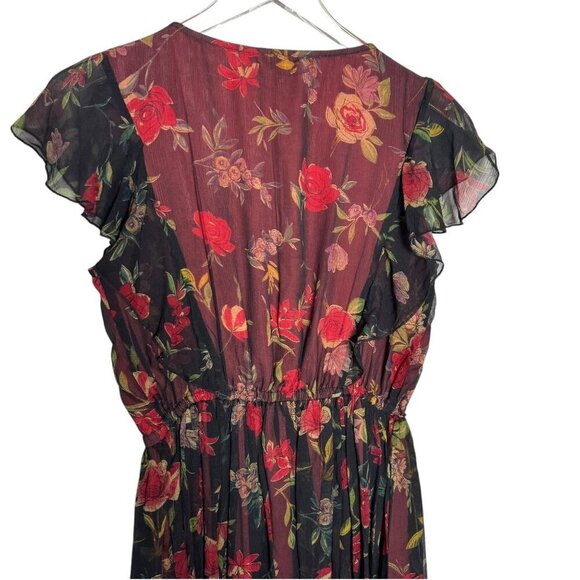 J. Peterman Womens Floral Midi Dress V-Neck Ruffle Sleeves Size 6 Red & Black - Picture 3 of 8